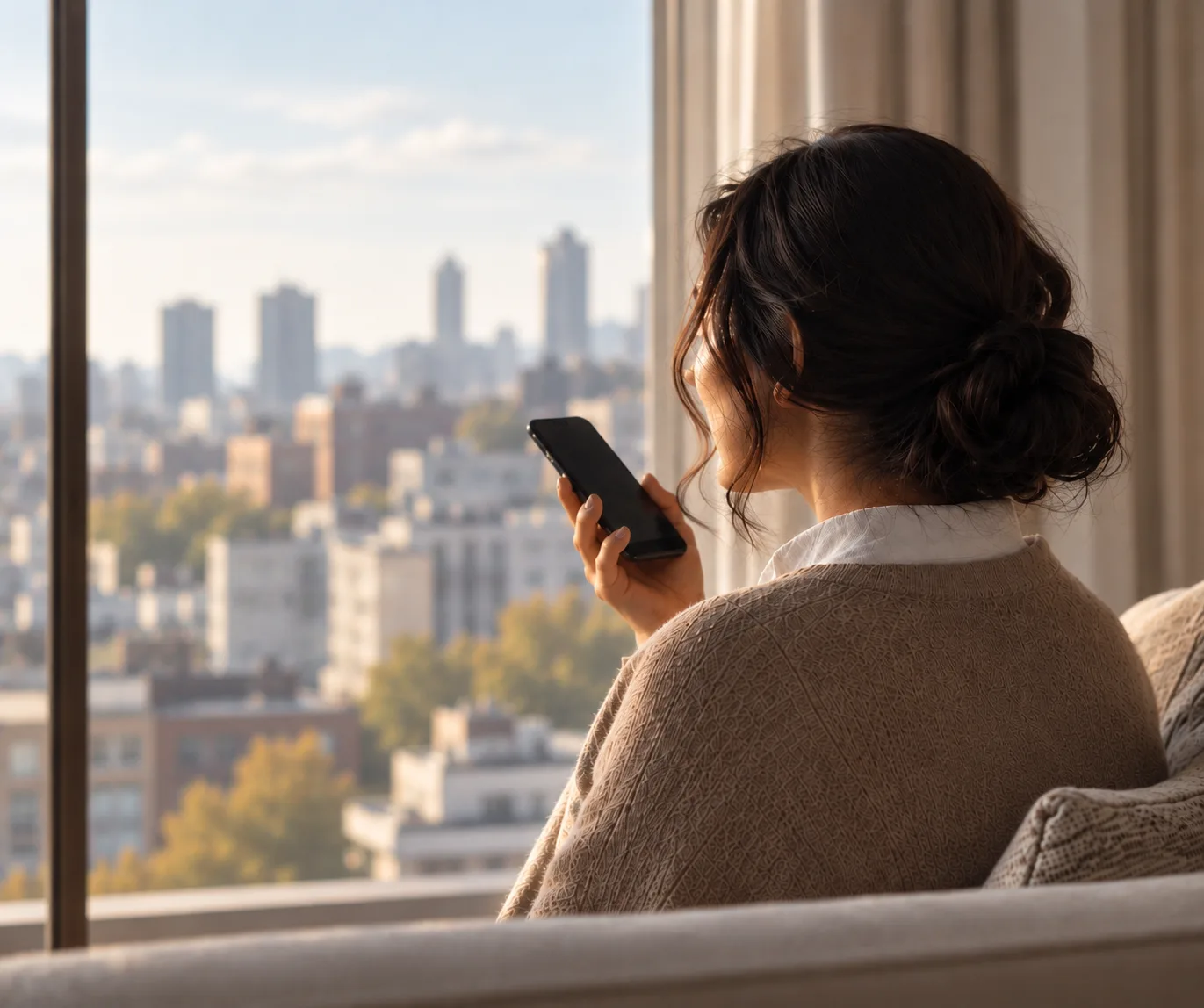 A woman speaking a memory aloud into her phone, looking out over the city
