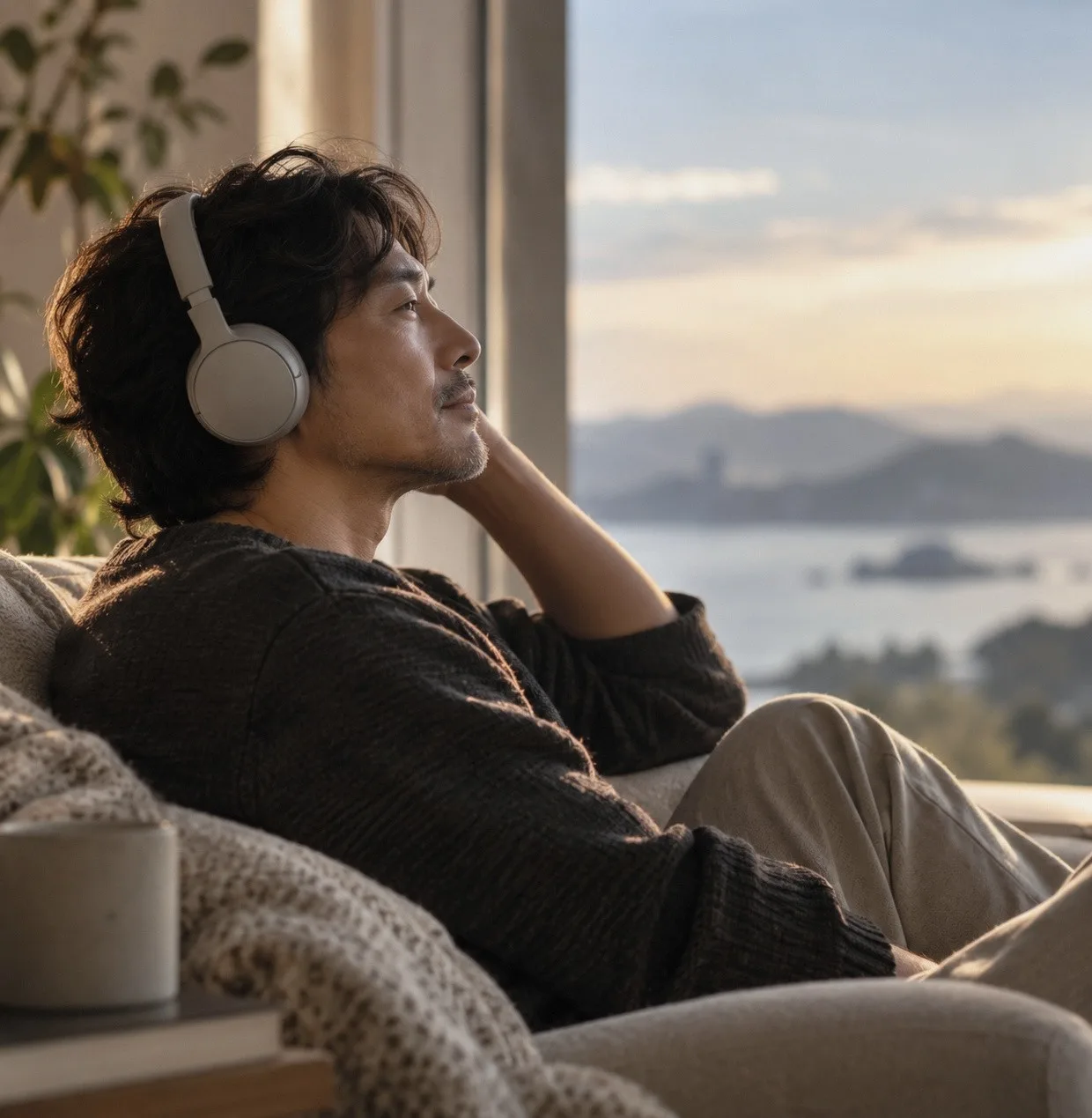 A man wearing headphones, listening back to a memory in his own voice
